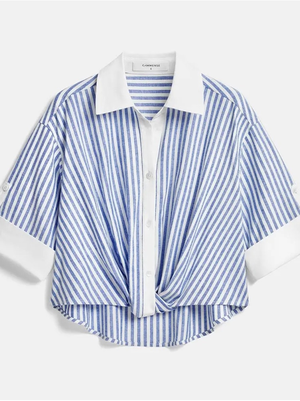 Commense Blue and White Striped Twist-Front Button Down Shirt